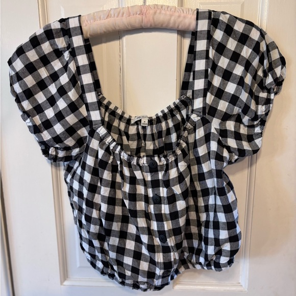 Madewell Size M Black White Gingham Puff Sleeve Button Front Top Parisian Vibes - Picture 6 of 6